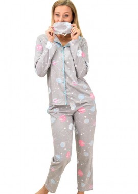 Potre OR - Γυναικεία σετ πιτζάμα με σχέδιο πλανήτες και με μάσκα ύπνου Γκρι 8774
