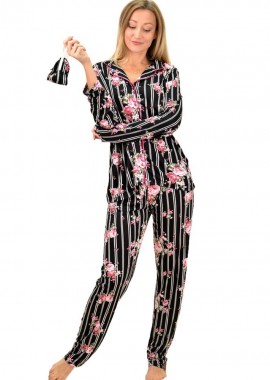 Potre OR - Γυναικεία σετ πιτζάμα φλοράλ με ρίγες με μάσκα ύπνου Μαύρο 8769