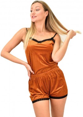 Potre OR - Γυναικεία πιτζάμα σετ με σχέδιο ρίγα μονόχρωμο Κανελί 8829