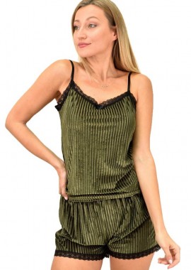 Potre OR - Γυναικεία πιτζάμα σετ με σχέδιο ρίγα μονόχρωμο Χακί 8799