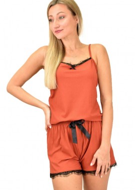 Potre OR - Γυναικεία πιτζάμα σετ με ρίγα και δαντέλα Πορτοκαλί 8950
