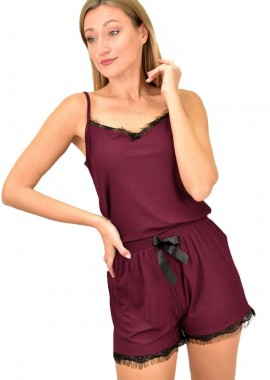 Potre OR - Γυναικεία πιτζάμα σετ με ρίγα και δαντέλα Μπορντώ 8929