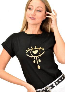 First Woman - Γυναικείο T-shirt με τύπωμα μάτι Μαύρο 9478