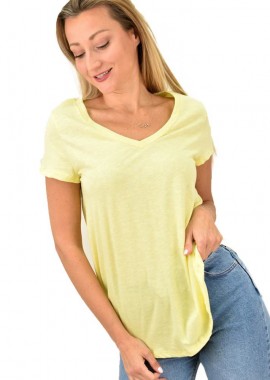 First Woman - Γυναικεία κοντομάνικη ασύμετρη μπλούζα με V λαιμόκοψη Κίτρινο 10099