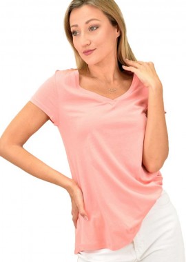 First Woman - Γυναικεία μπλούζα κοντομάνικη με V λαιμόκοψη Κοραλί 10848