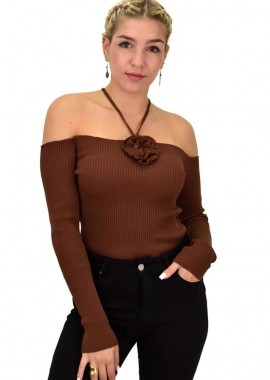 Potre OR - Γυναικείο πλεκτό τοπ με σχέδιο λουλούδι και χιαστί Καφέ 22087