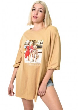 First Woman - Μπλούζα μονόχρωμη με ανοίγματα και στάμπα Μπεζ 23601