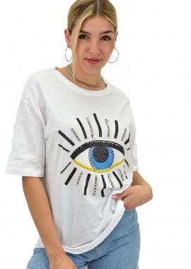 Potre OR - Γυναικείο T-shirt με στρας και σχέδιο μάτι Λευκό 20015