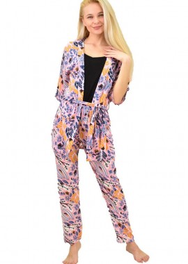 Potre OR - Γυναικεία πιτζάμα σετ 3 τεμ φλοράλ με ζώνη Ροζ 14260