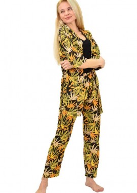 Potre OR - Γυναικεία πιτζάμα σετ 3 τεμ φλοράλ με ζώνη Μαύρο 14265