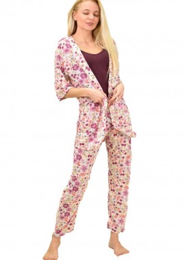 Potre OR - Γυναικεία πιτζάμα σετ 3 τεμ φλοράλ με ζώνη Εκρού 14274