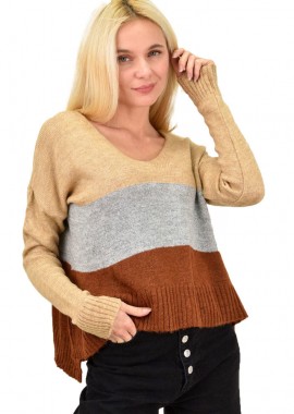 Potre OR - Γυναικεία πλεκτή μπλούζα ασύμμετρη με V ντεκολτέ και ρίγες Καφέ 13522