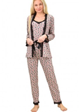 Potre OR - Γυναικεία πιτζάμα σετ 3 τεμ φλοράλ με ζώνη Ροζ 14325