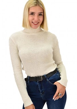 Potre OR - Πουλόβερ πλεκτό ριμπ με ζιβάγκο Μπεζ 17913