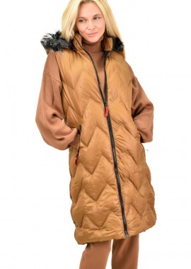 Potre OR - Γυναικείο μπουφάν αμάνικο με γούνα στην κουκούλα Καφέ 12569
