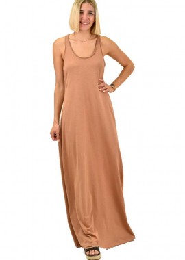 First Woman - Μακρύ φόρεμα με αθλητική πλάτη Κάμελ 16589