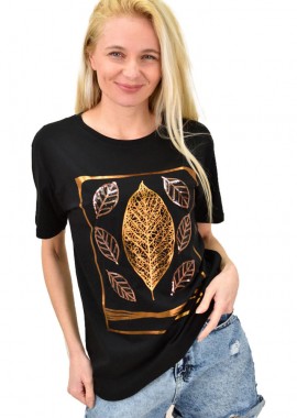Potre OR - Γυναικείο T-shirt με στάμπα φύλλο Μαύρο 14371