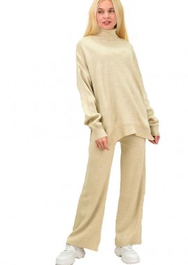 Potre OR - Πλεκτό σετ μπλούζα με ζιβάγκο και παντελόνι Εκρού 13487