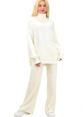 Potre OR - Πλεκτό σετ μπλούζα με ζιβάγκο και παντελόνι Λευκό 13489