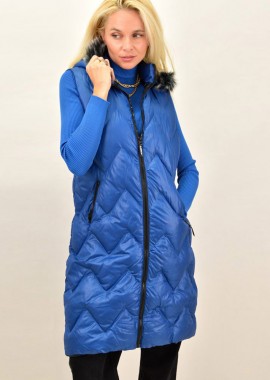 Potre OR - Γυναικείο μπουφάν αμάνικο με γούνα στην κουκούλα Μπλε Ρουά 12906