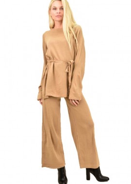 Potre OR - Γυναικείο πλεκτό σετ με ζώνη Μπεζ 12532