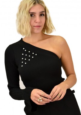 Potre OR - Γυναικείο πλεκτό τοπ με ένα ώμο και βολάν Μαύρο 18027