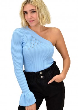 Potre OR - Γυναικείο πλεκτό τοπ με ένα ώμο και βολάν Γαλάζιο 18029