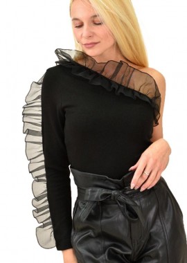 Potre OR - Μπλούζα με έναν ώμο και βολάν Μαύρο 13292