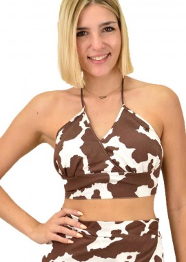 First Woman - Γυναικείο crop top κρουαζέ με σχέδιο Καφέ 16849