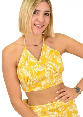 First Woman - Γυναικείο crop top κρουαζέ φλορραλ Κίτρινο 16843