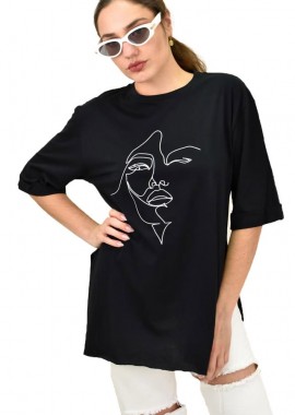 First Woman - Γυναικείο T-shirt με τύπωμα πρόσωπο Μαύρο 15280