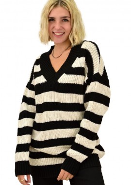 Potre OR - Γυναικείο πλεκτό με χοντρή ρίγα Μαύρο 18146