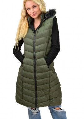 Winter - Γυναικείο αμάνικο μπουφάν με κουκούλα Χακί 13844