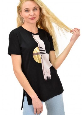 Potre OR - Γυναικείο T-shirt με γεωμετρική στάμπα στρας Μαύρο 13807