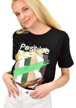Potre OR - Γυναικείο T-shirt με τύπωμα και στρας Positive Μαύρο 14711