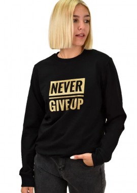 First Woman - Βαμβακερό φούτερ με τύπωμα NEVER GIVE UP Μαύρο 17601