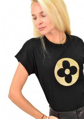 First Woman - Γυναικείο T-shirt με χρυσό τύπωμα λουλούδι Μαύρο 13289