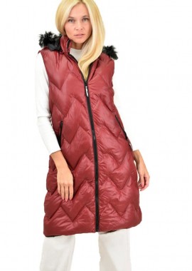 Potre OR - Γυναικείο μπουφάν αμάνικο με γούνα στην κουκούλα Μπορντώ 12786