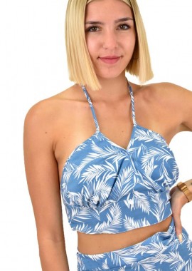 First Woman - Γυναικείο crop top κρουαζέ φλορραλ Μπλε 16898