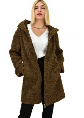 Potre OR - Γυναικείο παλτό μπουκλέ με επενδυση οικολογικό μουτόν και κουκούλα Καφέ 18392