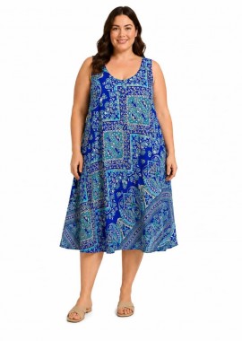 Potre OR - Plus Size Midi Φόρεμα με Λαχούρι Μοτίβο Μπλε Ρουά 27350
