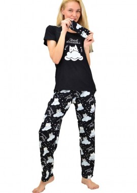 Potre OR - Γυναικεία πιτζάμα σετ με σχέδιο γατούλες και μάσκα ματιών Μαύρο 14302