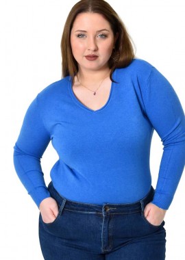 Potre OR - Πλεκτή μπλούζα ζέρσεϊ με V λαιμόκοψη για μεγάλα μεγέθη Μπλε Ρουά 22787