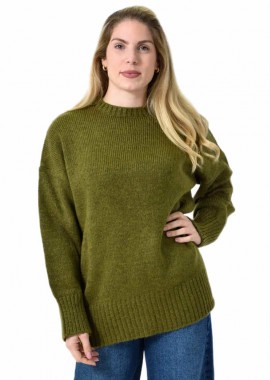 Potre OR - Oversized Πλεκτή Μπλούζα με Στρογγυλή Λαιμόκοψη & Ριμπ Λεπτομέρειες Χακί 27299