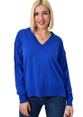 Potre OR - Γυναικείο πλεκτό μονόχρωμο με V λαιμόκοψη Μπλε Ρουά 22913