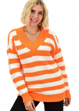Potre OR - Γυναικείο πλεκτό με χοντρή ρίγα Πορτοκαλί 18147
