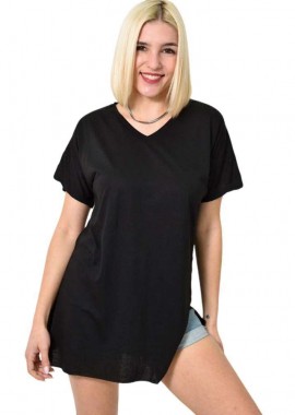 First Woman - Μπλούζα μονόχρωμη με V λαιμόκοψη και ανοίγματα Μαύρο 23548