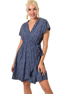 Potre OR - Γυναικείο φλοράλ φόρεμα κρουαζέ που δένει στο πλάι Μπλε Σκούρο 11330