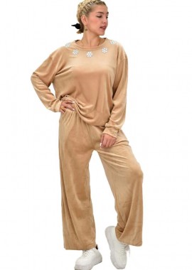 Potre OR - Γυναικείο σετ βελουτέ oversized με στρας Μπεζ 22043