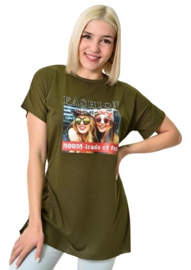 First Woman - Μπλούζα μονόχρωμη με ανοίγματα και στάμπα Χακί 23644